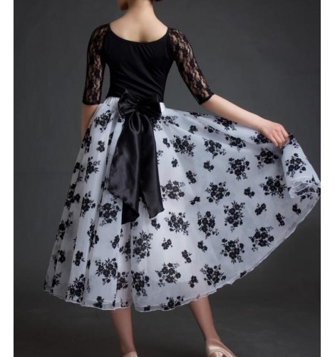 Black white velvet flocking flower floral bowknot skirt women s female long length lace short sleeves performance long length competition ballroom waltz tango dance dresses for ladies set